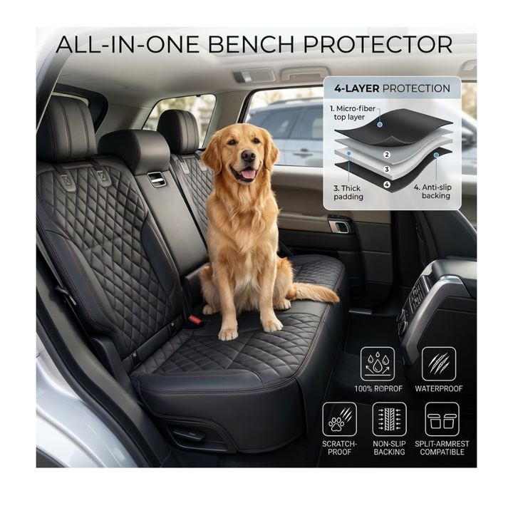 Waterproof Dog Car Seat Cover – 4-Layer Nonslip Pet Bench Protector